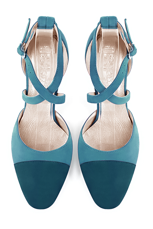 Peacock blue women's open side shoes, with crossed straps. Round toe. Medium comma heels. Top view - Florence KOOIJMAN